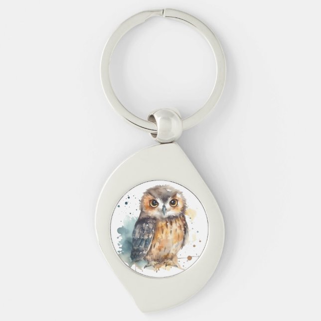 Cute owl in watercolor key ring (Front)