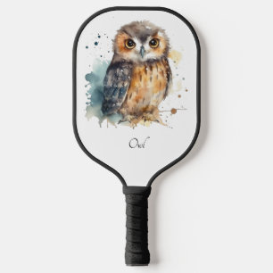 Cute owl in watercolor pickleball paddle