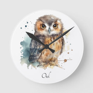 Cute owl in watercolor round clock
