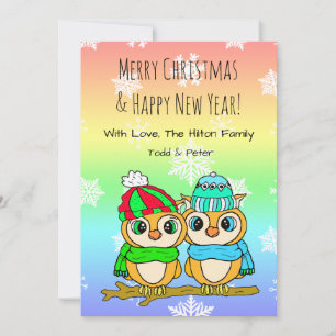 Cute Owl LGBT Couple on Tree Branch Christmas Holiday Card