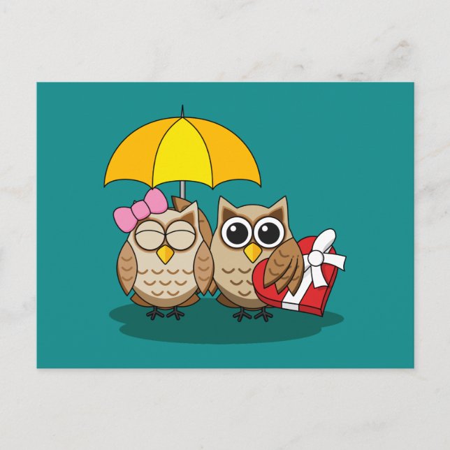 Cute Owl Lovers w/ Umbrella and Red Chocolate Box Holiday Postcard (Front)