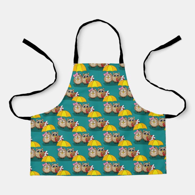 Cute Owl Lovers w/ Umbrella & Red Chocolate Box Apron (Front)