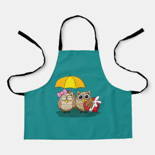 Cute Owl Lovers w/ Umbrella & Red Chocolate Box Apron