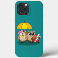 Cute Owl Lovers w/ Umbrella & Red Chocolate Box