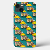 Cute Owl Lovers w/ Umbrella & Red Chocolate Box