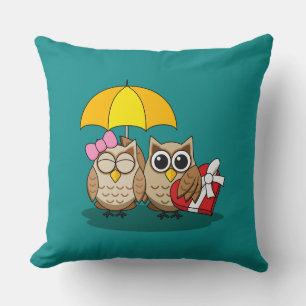 Cute Owl Lovers w/ Umbrella & Red Chocolate Box Cushion