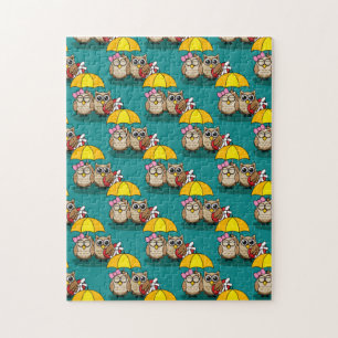 Cute Owl Lovers w/ Umbrella & Red Chocolate Box Jigsaw Puzzle