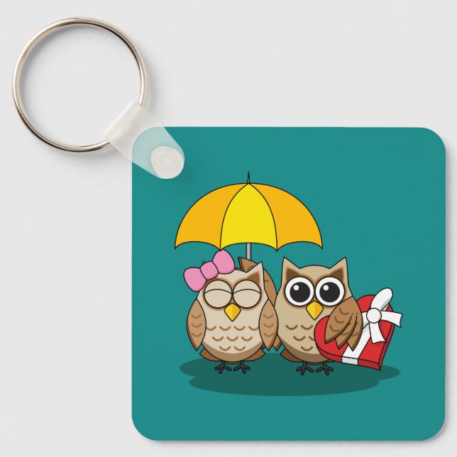 Cute Owl Lovers w/ Umbrella & Red Chocolate Box Key Ring (Front)