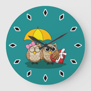 Cute Owl Lovers w/ Umbrella & Red Chocolate Box Large Clock