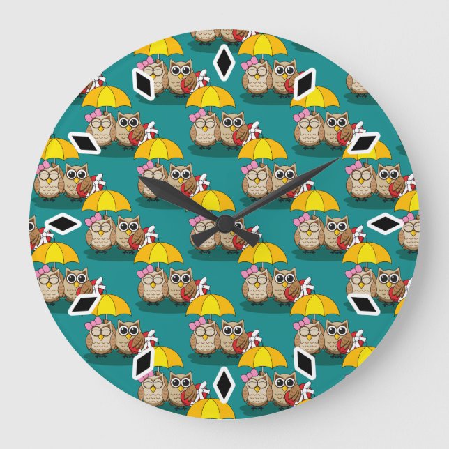 Cute Owl Lovers w/ Umbrella & Red Chocolate Box Large Clock (Front)