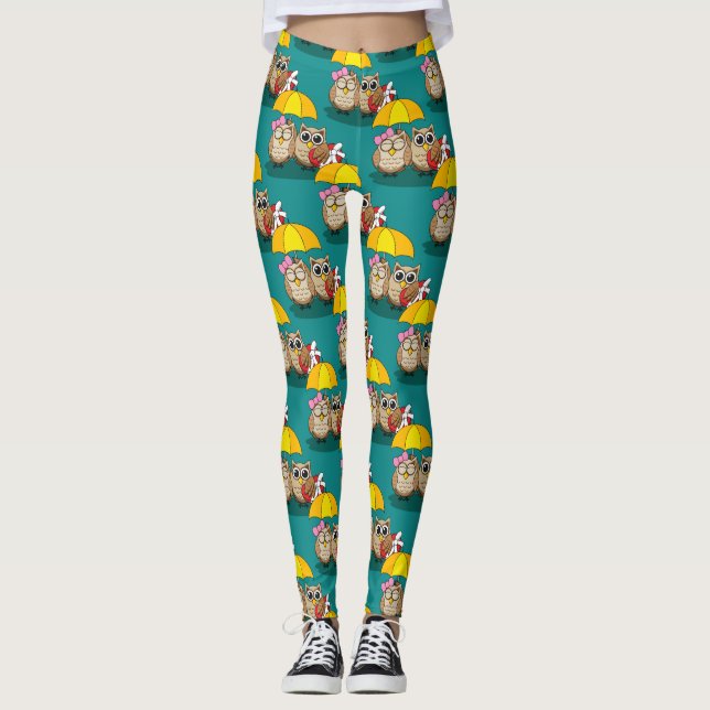 Cute Owl Lovers w/ Umbrella & Red Chocolate Box Leggings (Front)