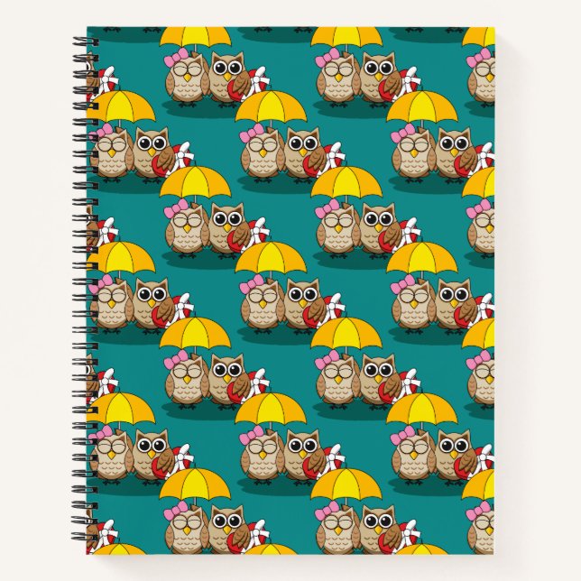 Cute Owl Lovers w/ Umbrella & Red Chocolate Box Notebook (Front)