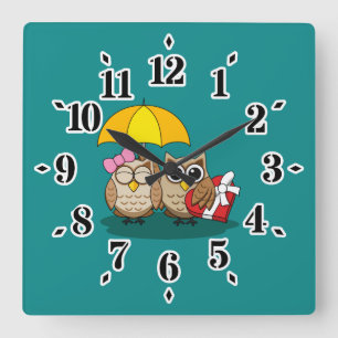 Cute Owl Lovers w/ Umbrella & Red Chocolate Box Square Wall Clock