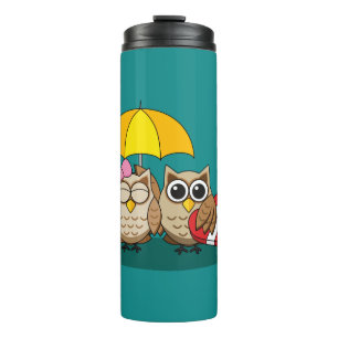 Cute Owl Lovers w/ Umbrella & Red Chocolate Box Thermal Tumbler