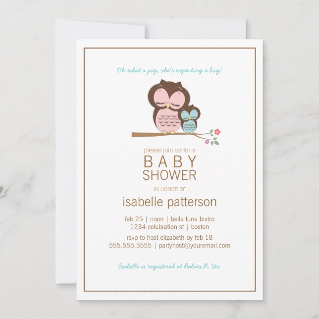 Cute Owl & Mama It's a Boy Baby Shower Invitation (Front)
