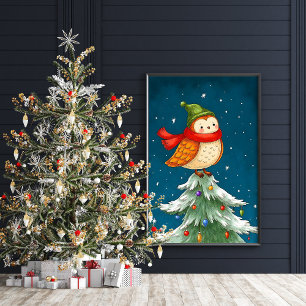 Cute Owl On A Christmas Tree Poster Print