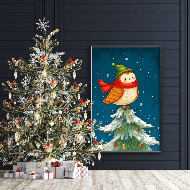 Cute Owl On A Christmas Tree Poster Print (Cute Christmas owl illustration wall art poster)