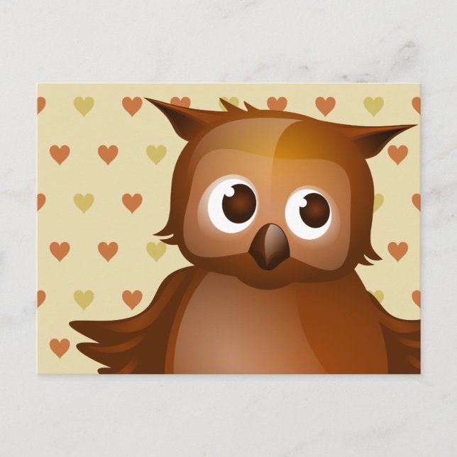Cute Owl on Beige Heart Pattern Background Postcard (Front)
