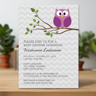 Cute Owl on Branch and chevrons Baby Girl Shower Invitation