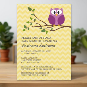 Cute Owl on Branch and chevrons Baby Girl Shower Invitation