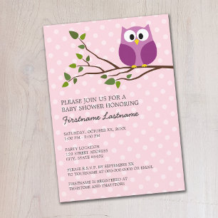 Cute Owl on Branch and polka dots Baby Girl Shower Invitation