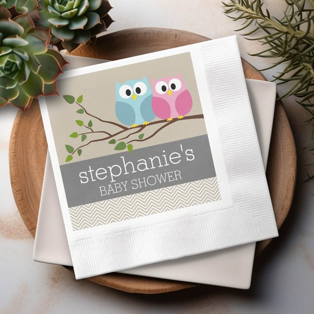 Cute Owl on Branch Baby Girl or Boy Shower Napkin (Custom Party Napkins)