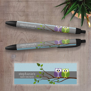 Cute Owl on Branch - Blue Baby Boy Shower Black Ink Pen