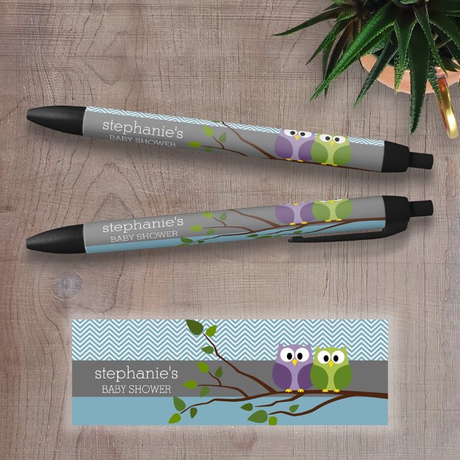 Cute Owl on Branch - Blue Baby Boy Shower Black Ink Pen (Personalized Writing Pen )
