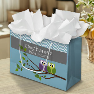 Cute Owl on Branch - Blue Baby Boy Shower Large Gift Bag