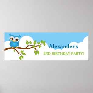 Cute Owl on Branch Boy Birthday Party Banner Poster