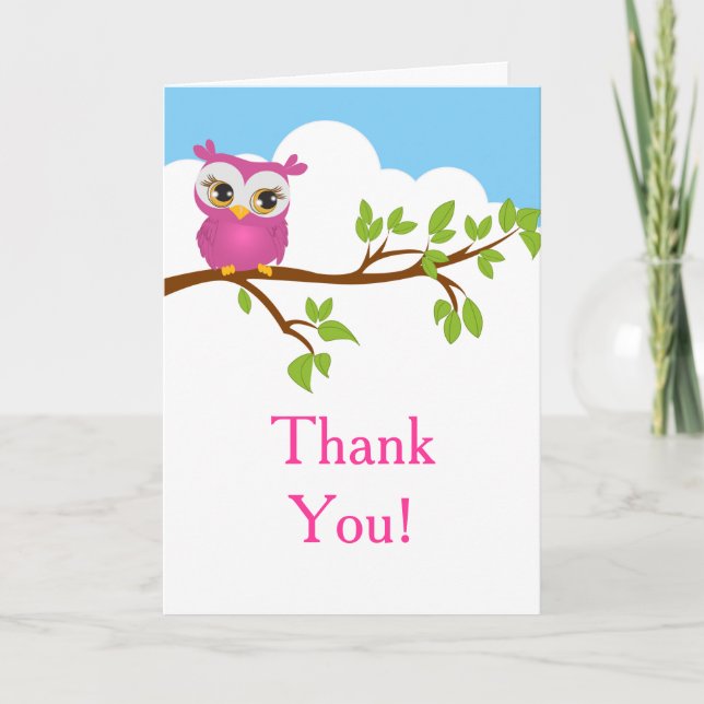 Cute Owl on Branch Boy Birthday Thank You Card (Front)