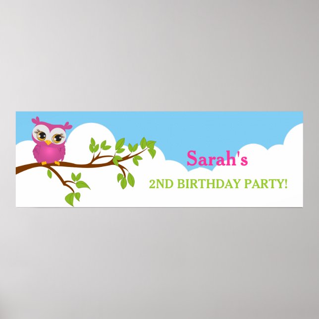 Cute Owl on Branch Girl Birthday Party Banner Poster (Front)