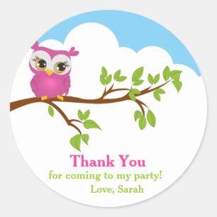 Cute Owl on Branch Girl Birthday Thank You Sticker