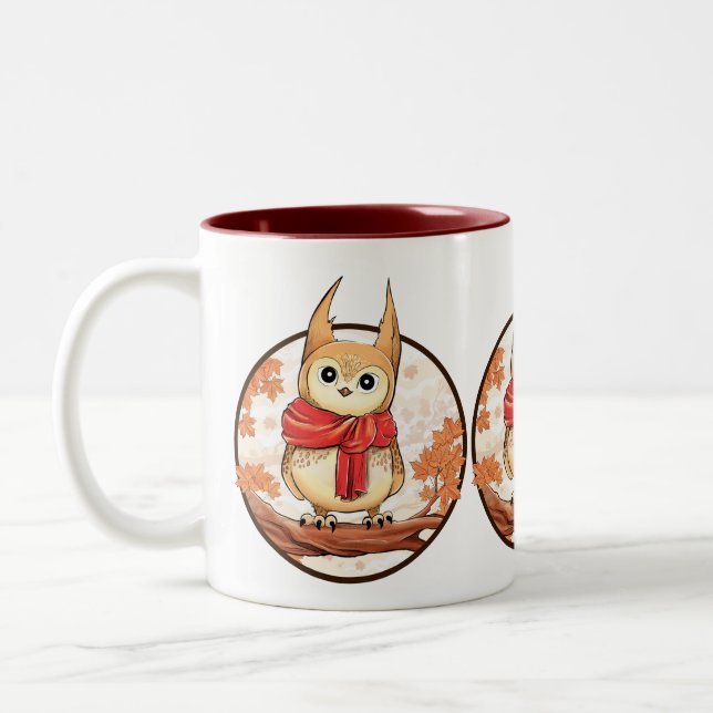 Cute Owl on branch in winter illustration Two-Tone Coffee Mug (Left)