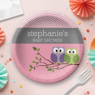 Cute Owl on Branch - Pink Baby Girl Shower Paper Plate