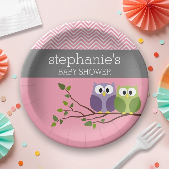 Cute Owl on Branch - Pink Baby Girl Shower Paper Plate (Personalized Baby Shower Plates - Cute Woodland Owl)
