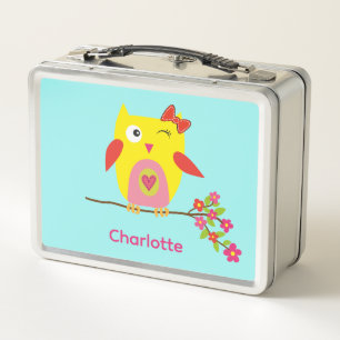 Cute Owl on Branch with Pink Flowers Personalised Metal Lunch Box
