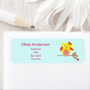 Cute Owl on Branch with Pink Flowers Personalised Return Address Label