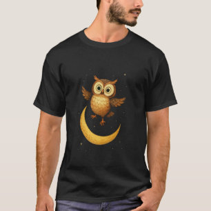 Cute Owl On Crescent Moon with Stars Whimsical Nig T-Shirt