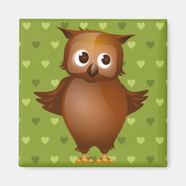 Cute Owl on Green Heart Pattern Background Magnet (Front)