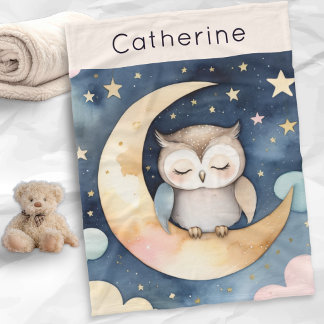 Cute Owl on Moon with Night Sky Personalised Fleece Blanket