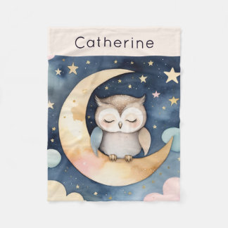 Cute Owl on Moon with Night Sky Personalised Fleece Blanket