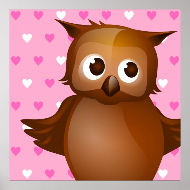 Cute Owl on Pink Heart Pattern Background Poster (Front)