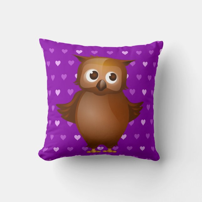 Cute Owl on Purple Heart Pattern Background Cushion (Front)