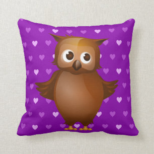 Cute Owl on Purple Heart Pattern Background Cushion