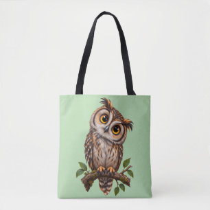 Cute Owl on Sage Green Canvas Tote Bag