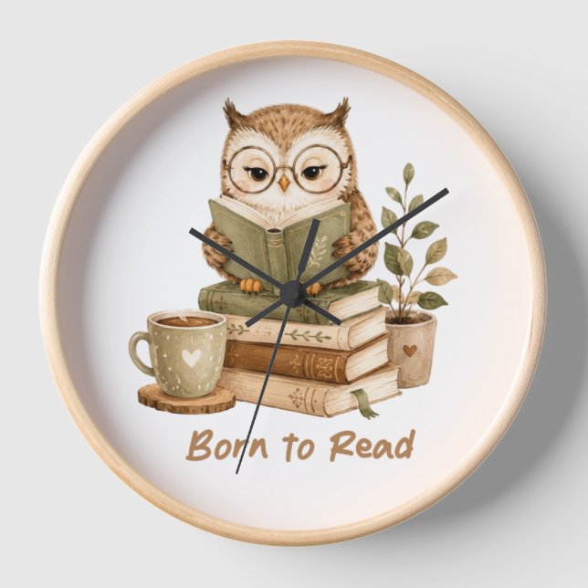 cute owl, owl lover, owl reading, Wall Clock (Front)