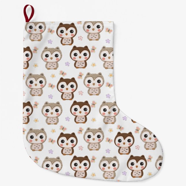 Cute Owl Pattern Large Christmas Stocking (Front)