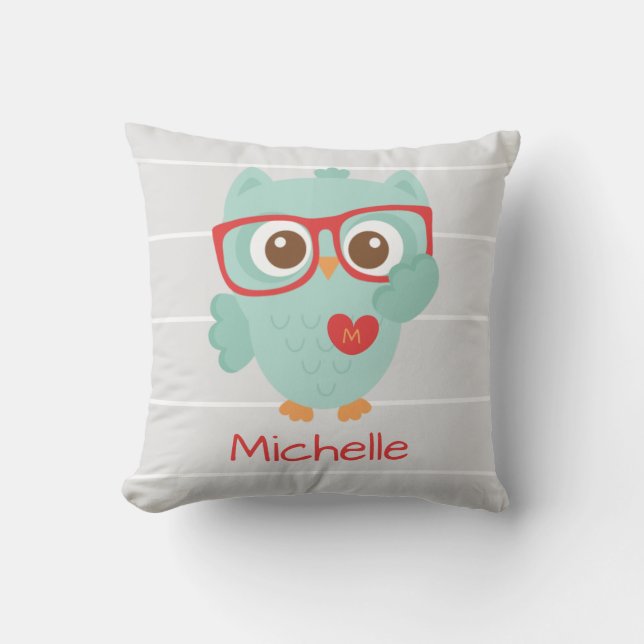 Cute Owl, Personalised w Name & Initial Cushion (Front)