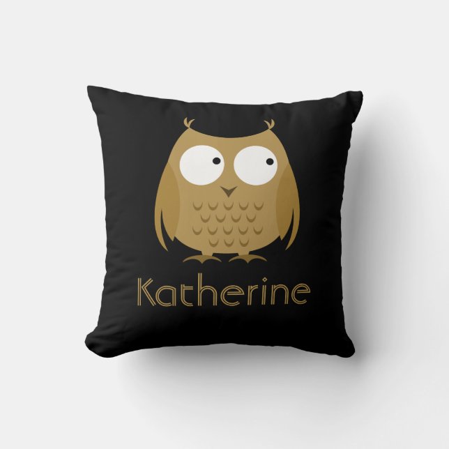 Cute Owl Pillow, Black & Gold; Add Name Cushion (Front)